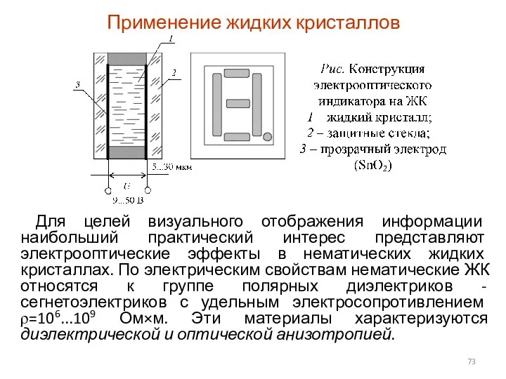 Применение жидких кристаллов Для целей визуального отображения информации наибольший практический интерес