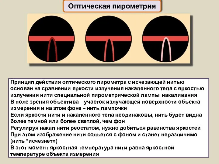 Оптическая пирометрия Принцип действия оптического пирометра с исчезающей нитью основан на