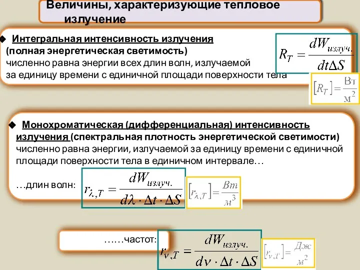 Величины, характеризующие тепловое излучение Интегральная интенсивность излучения (полная энергетическая светимость) численно