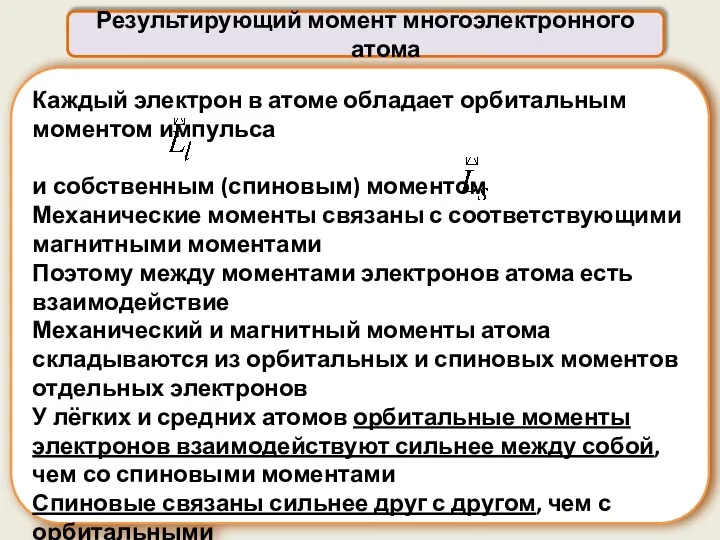 Каждый электрон в атоме обладает орбитальным моментом импульса и собственным (спиновым)