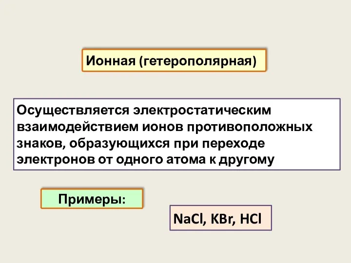 Осуществляется электростатическим взаимодействием ионов противоположных знаков, образующихся при переходе электронов от