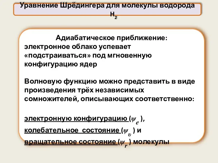 Уравнение Шрёдингера для молекулы водорода H2 Адиабатическое приближение: электронное облако успевает