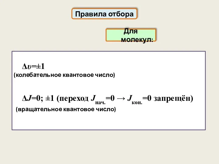 Правила отбора Δυ=±1 (колебательное квантовое число) ΔJ=0; ±1 (переход Jнач.=0 →