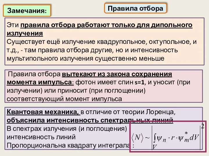 Правила отбора Замечания: Правила отбора вытекают из закона сохранения момента импульса: