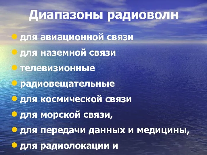 Диапазоны радиоволн для авиационной связи для наземной связи телевизионные радиовещательные для