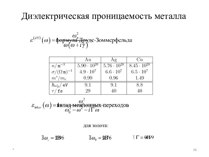 Диэлектрическая проницаемость металла * для золота: