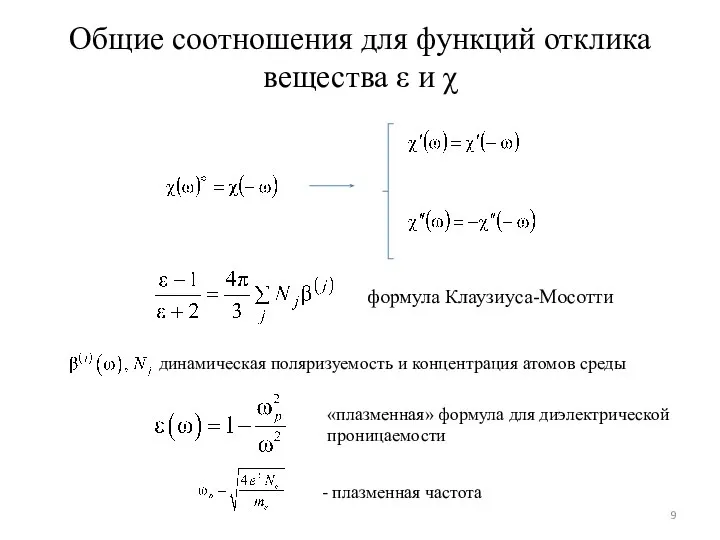 Общие соотношения для функций отклика вещества ε и χ формула Клаузиуса-Мосотти