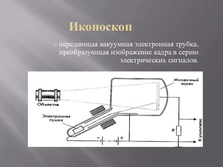 Иконоскоп - передающая вакуумная электронная трубка, преобразующая изображение кадра в серию электрических сигналов.