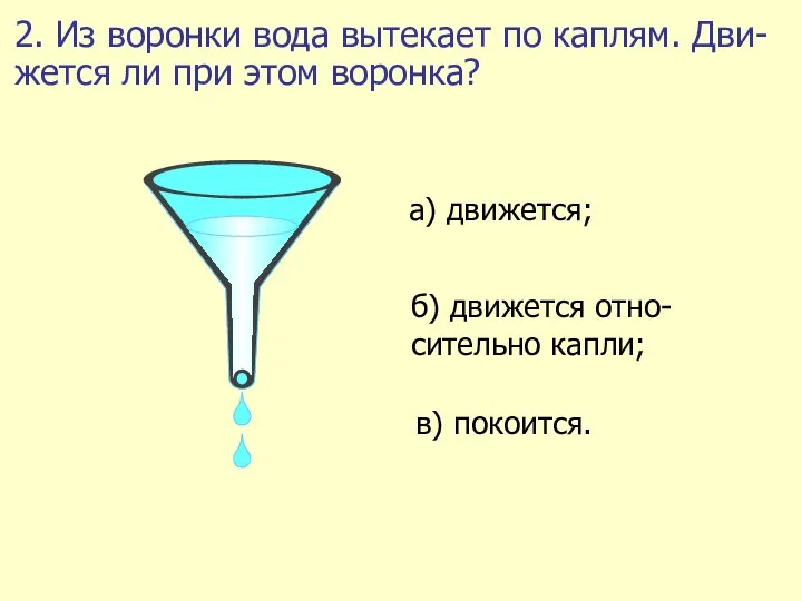 2. Из воронки вода вытекает по каплям. Дви- жется ли при этом воронка?