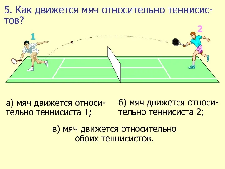 5. Как движется мяч относительно теннисис-тов?