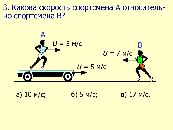 3. Какова скорость спортсмена А относитель-но спортсмена В?