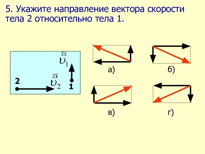 5. Укажите направление вектора скорости тела 2 относительно тела 1.