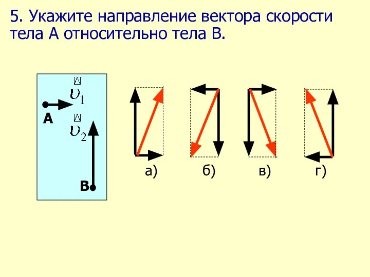 5. Укажите направление вектора скорости тела А относительно тела В.