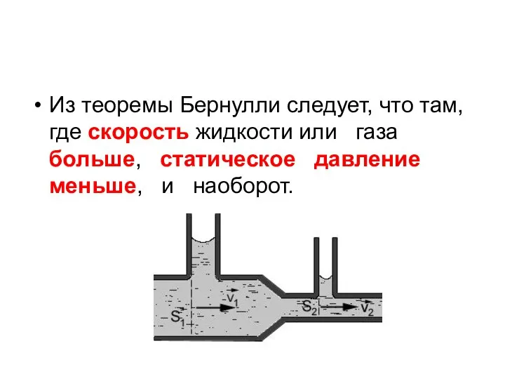 Из теоремы Бернулли следует, что там, где скорость жидкости или газа