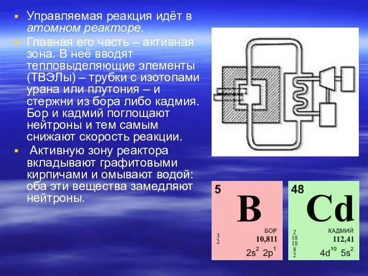 Управляемая реакция идёт в атомном реакторе. Главная его часть – активная