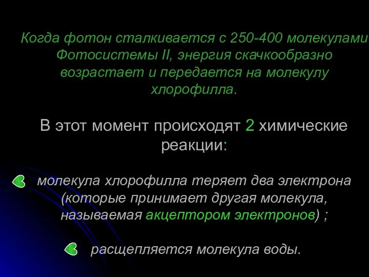 Когда фотон сталкивается с 250-400 молекулами Фотосистемы II, энергия скачкообразно возрастает