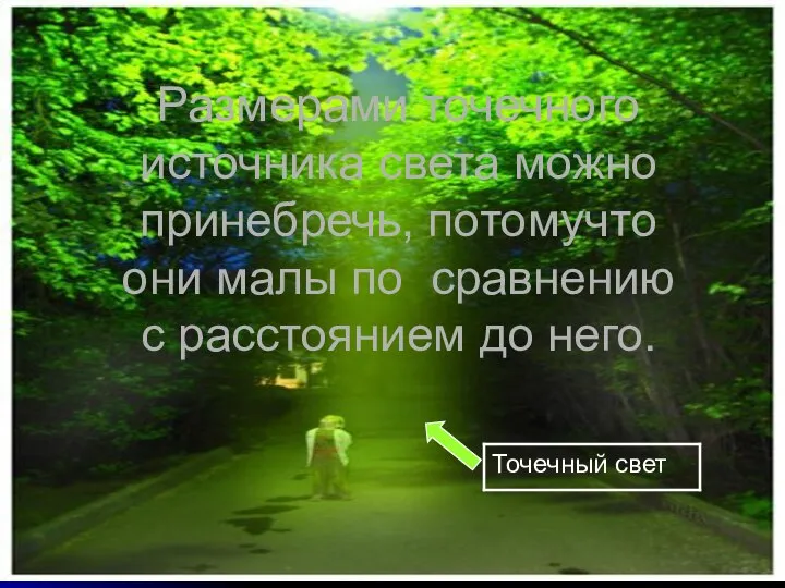 Размерами точечного источника света можно принебречь, потомучто они малы по сравнению с расстоянием до него.