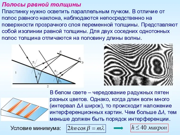 Полосы равной толщины Пластинку нужно осветить параллельным пучком. В отличие от