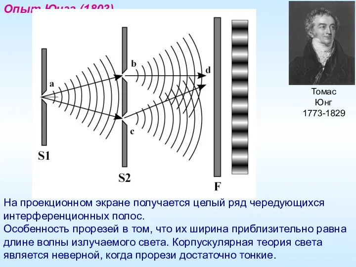 Томас Юнг 1773-1829 Опыт Юнга (1803) На проекционном экране получается целый