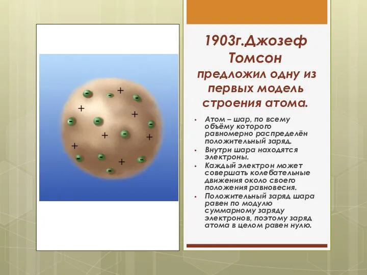 1903г.Джозеф Томсон предложил одну из первых модель строения атома. Атом –