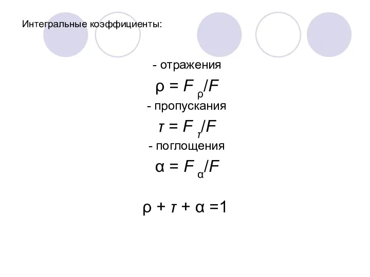 Интегральные коэффициенты: - отражения ρ = F ρ/F - пропускания τ