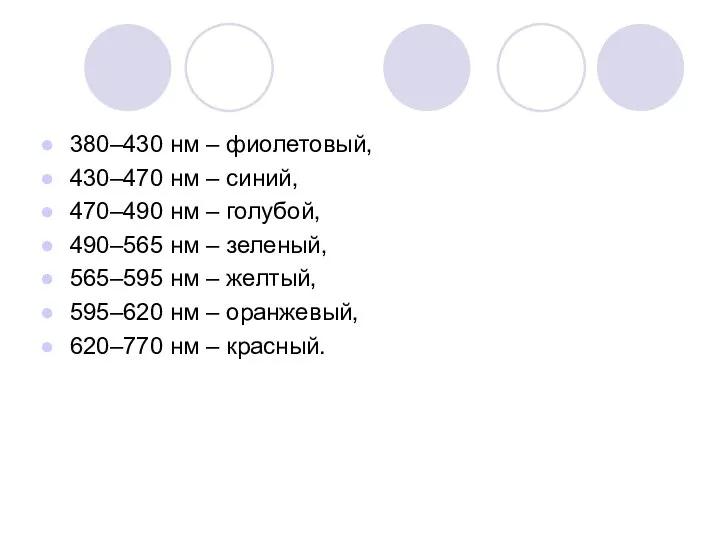 380–430 нм – фиолетовый, 430–470 нм – синий, 470–490 нм –