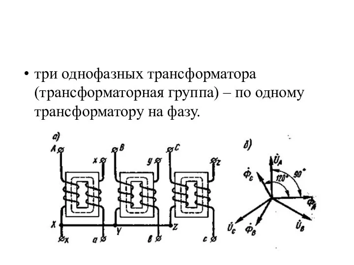 три однофазных трансформатора (трансформаторная группа) – по одному трансформатору на фазу.