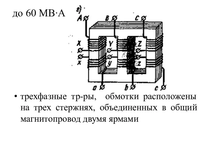 до 60 МВ∙А трехфазные тр-ры, обмотки расположены на трех стержнях, объединенных в общий магнитопровод двумя ярмами