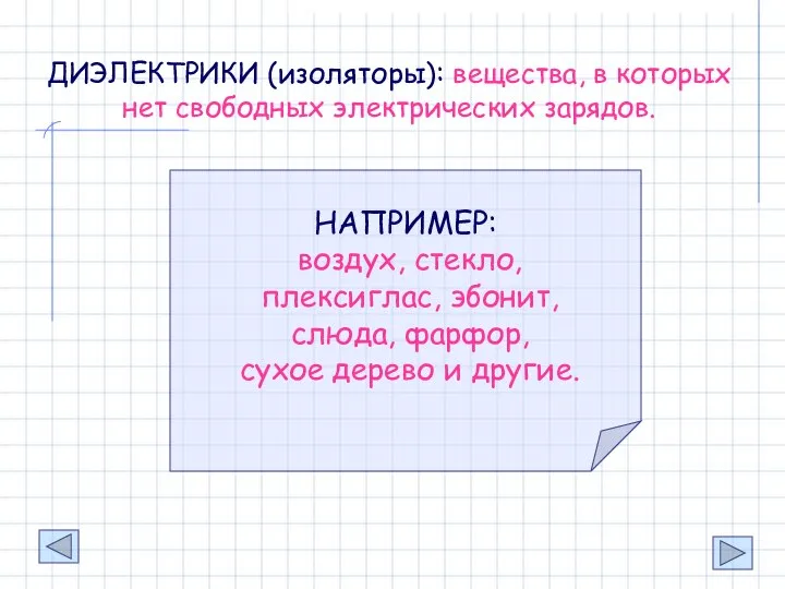 НАПРИМЕР: воздух, стекло, плексиглас, эбонит, слюда, фарфор, сухое дерево и другие.