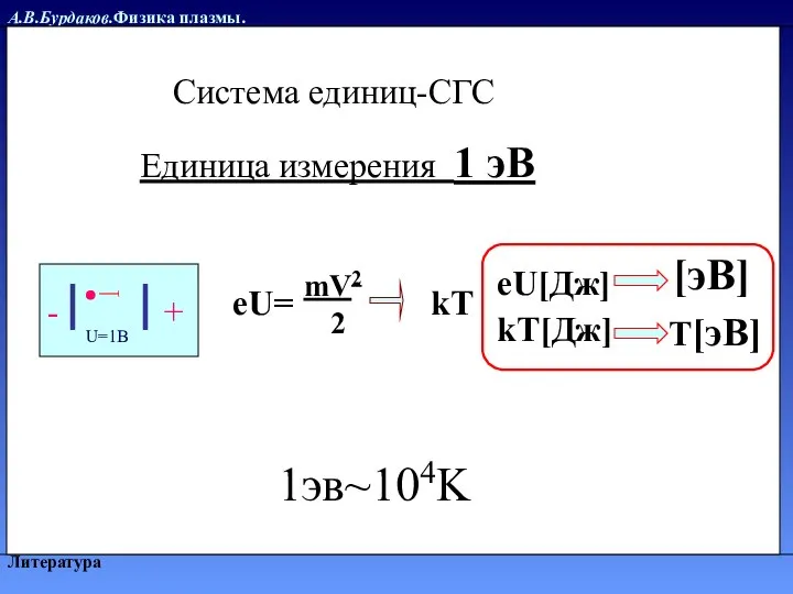 А.В.Бурдаков.Физика плазмы. Литература Единица измерения 1 эВ - + U=1В mV2