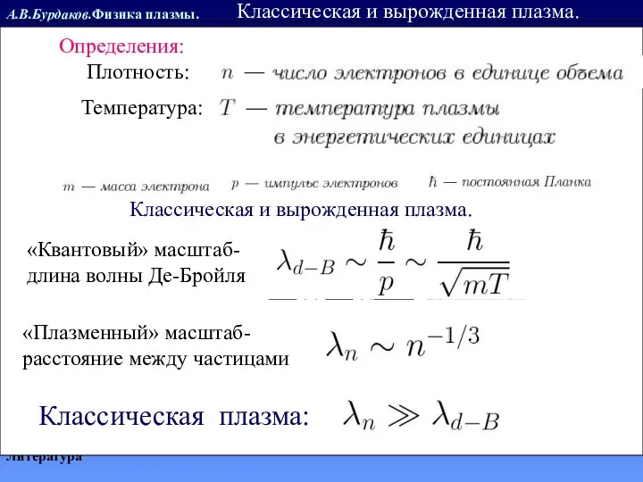 А.В.Бурдаков.Физика плазмы. Литература Классическая и вырожденная плазма. Классическая и вырожденная плазма.