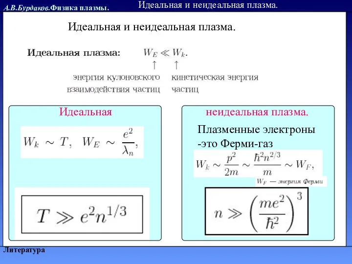 А.В.Бурдаков.Физика плазмы. Литература Идеальная и неидеальная плазма. Идеальная и неидеальная плазма.