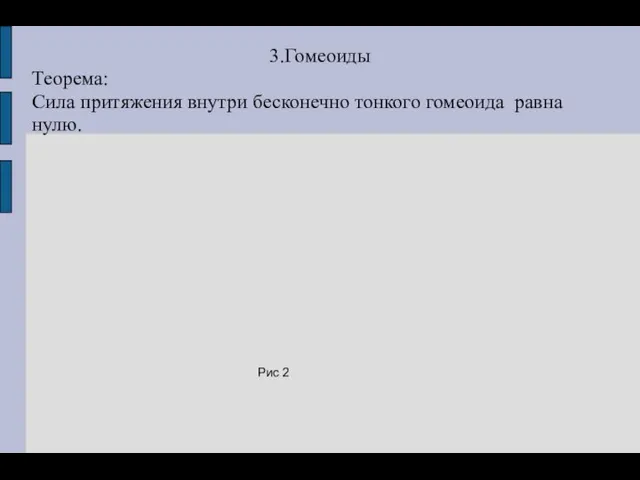 3.Гомеоиды Теорема: Сила притяжения внутри бесконечно тонкого гомеоида равна нулю. Рис 2