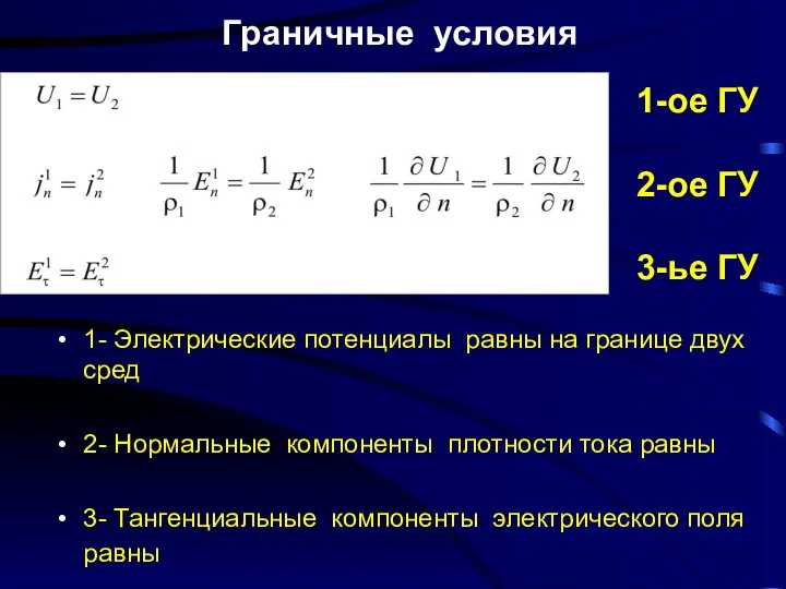 Граничные условия 1- Электрические потенциалы равны на границе двух сред 2-