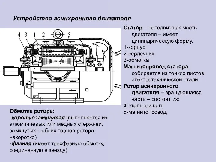 Устройство асинхронного двигателя Статор – неподвижная часть двигателя – имеет цилиндрическую