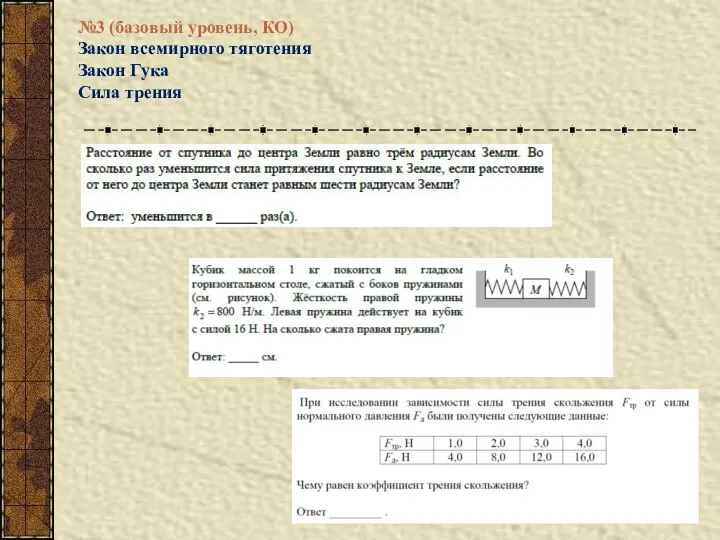 №3 (базовый уровень, КО) Закон всемирного тяготения Закон Гука Сила трения