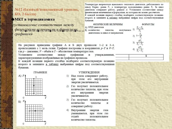 №12 (базовый/повышенный уровень, КО, 2 балла) МКТ и термодинамика установление соответствия