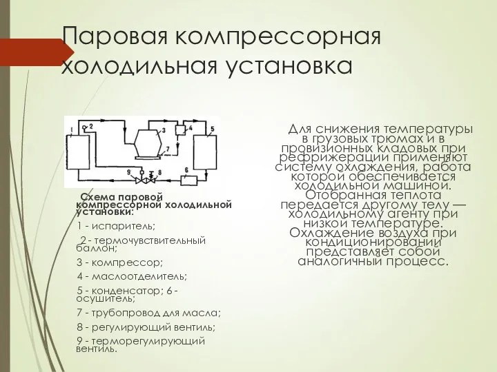 Паровая компрессорная холодильная установка Для снижения температуры в грузовых трюмах и