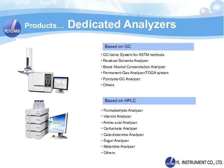 Products… Dedicated Analyzers Based on GC Based on HPLC GC-Valve System