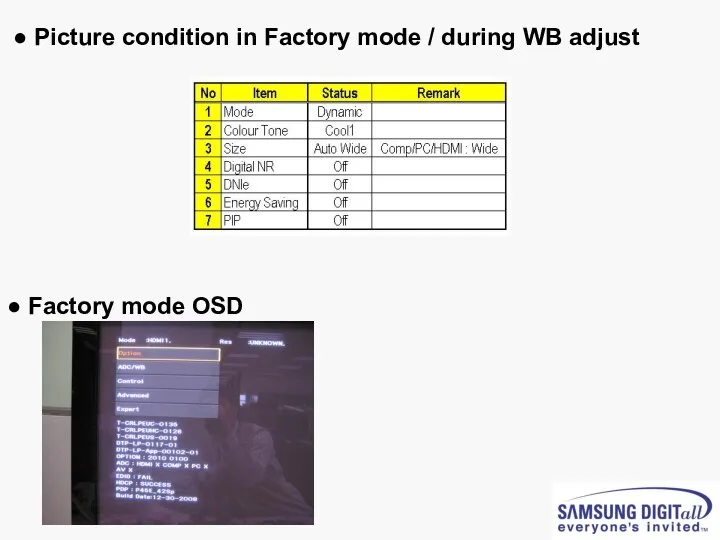 ● Picture condition in Factory mode / during WB adjust ● Factory mode OSD