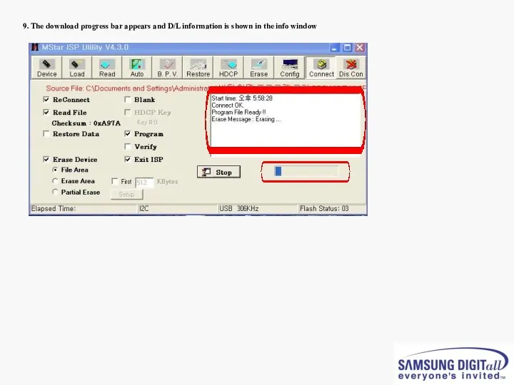 9. The download progress bar appears and D/L information is shown in the info window