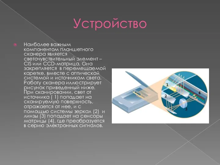 Устройство Наиболее важным компонентом планшетного сканера является светочувствительный элемент – CIS