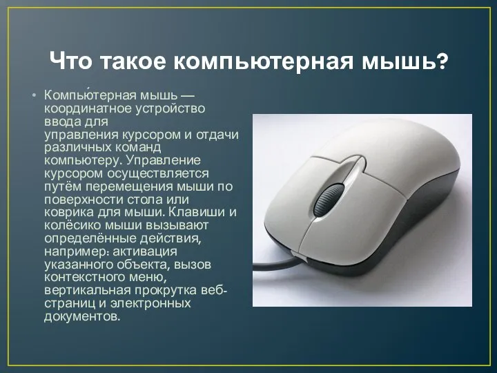 Что такое компьютерная мышь? Компью́терная мышь — координатное устройство ввода для