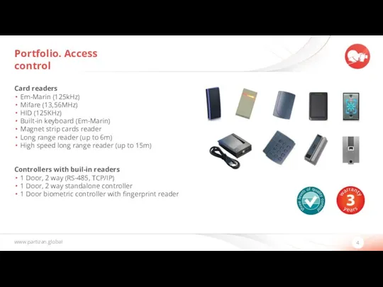 www.partizan.global 4 Card readers Em-Marin (125kHz) Mifare (13,56MHz) HID (125KHz) Built-in