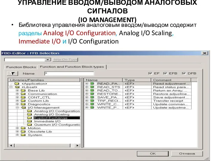 УПРАВЛЕНИЕ ВВОДОМ/ВЫВОДОМ АНАЛОГОВЫХ СИГНАЛОВ (IO MANAGEMENT) Библиотека управления аналоговым вводом/выводом содержит