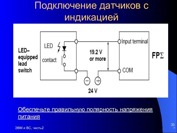 * ЭВМ и ВС, часть2 Подключение датчиков с индикацией Обеспечьте правильную полярность напряжения питания