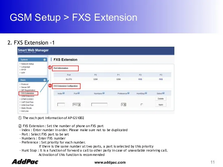 GSM Setup > FXS Extension 2. FXS Extension -1 ② ①