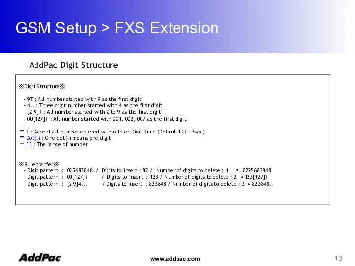 GSM Setup > FXS Extension ※Digit Structure※ - 9T : All