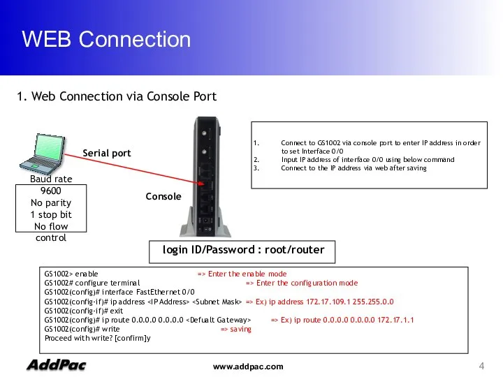 WEB Connection Serial port Console Baud rate 9600 No parity 1