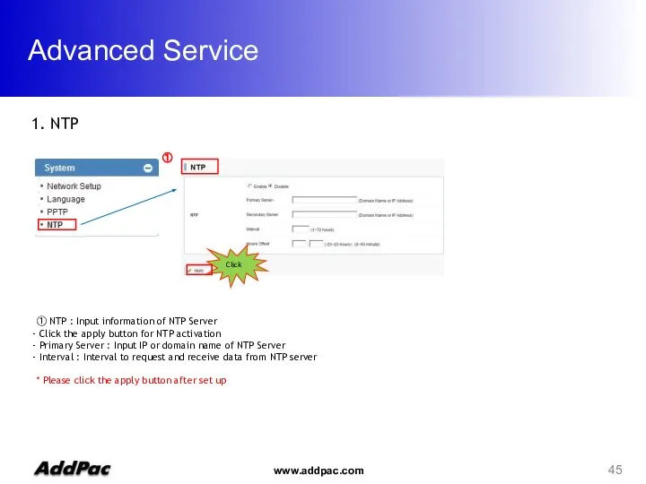 Advanced Service 1. NTP ① ① NTP : Input information of